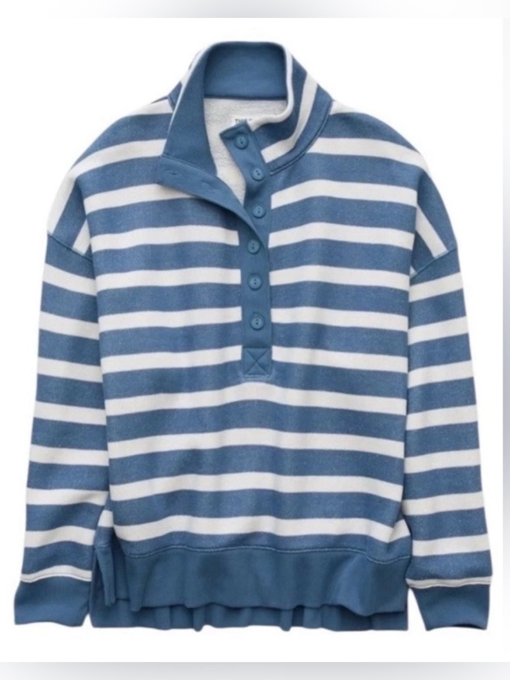 American Eagle Big Hug Henley Sweatshirt Pullover Striped In Blue Breeze Size XS